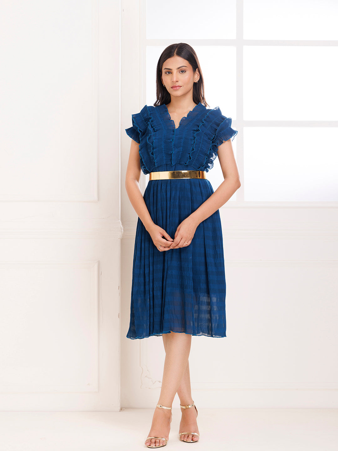 Petunia Blue Ruffle Pleated Dress  - By Ragavi - qivii