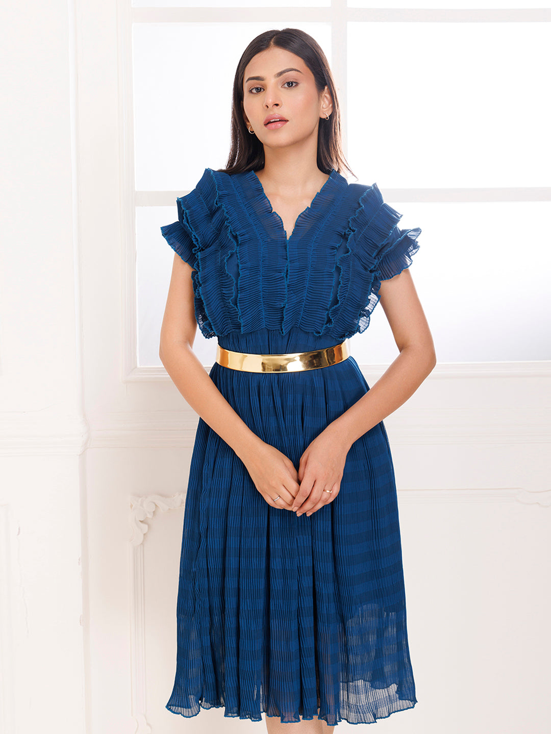 Petunia Blue Ruffle Pleated Dress  - By Ragavi - qivii