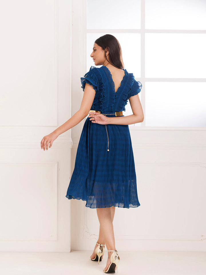 Petunia Blue Ruffle Pleated Dress  - By Ragavi - qivii