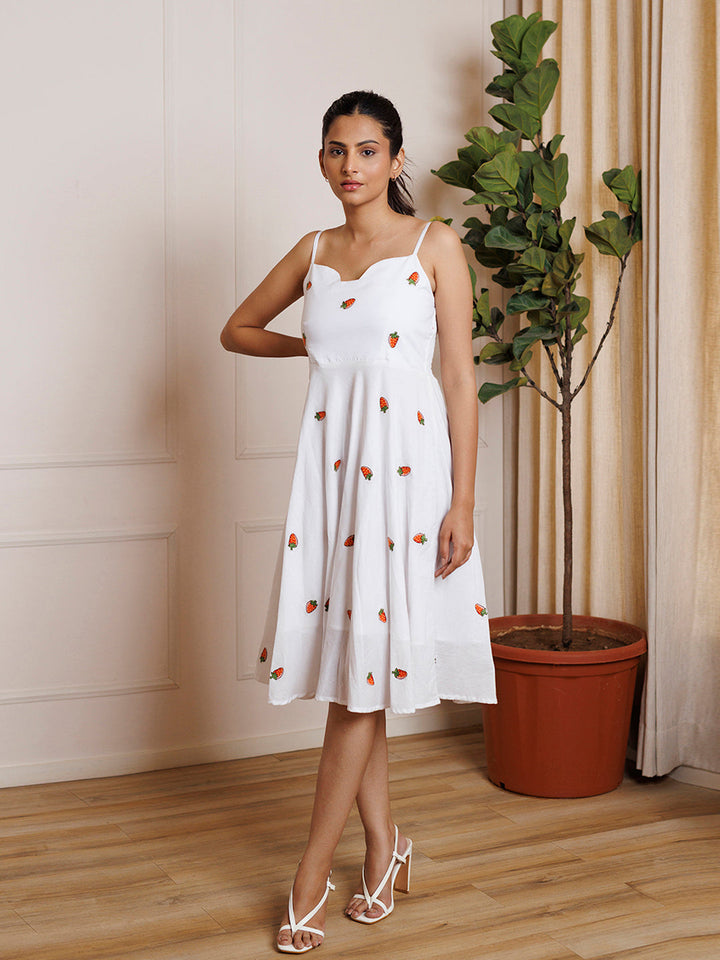 Strawberry White Embroidered Cotton Dress  - By Ragavi - qivii