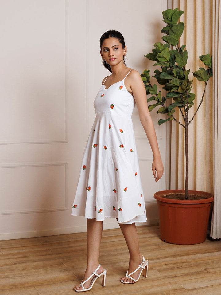 Strawberry White Embroidered Cotton Dress  - By Ragavi - qivii