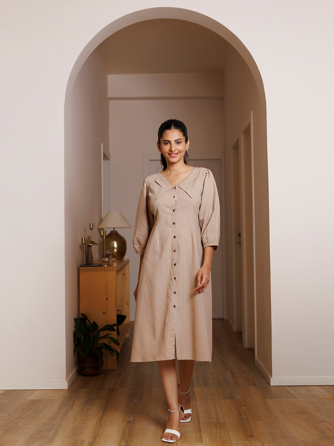 Taupe Linen Midi Dress  - By Ragavi - qivii