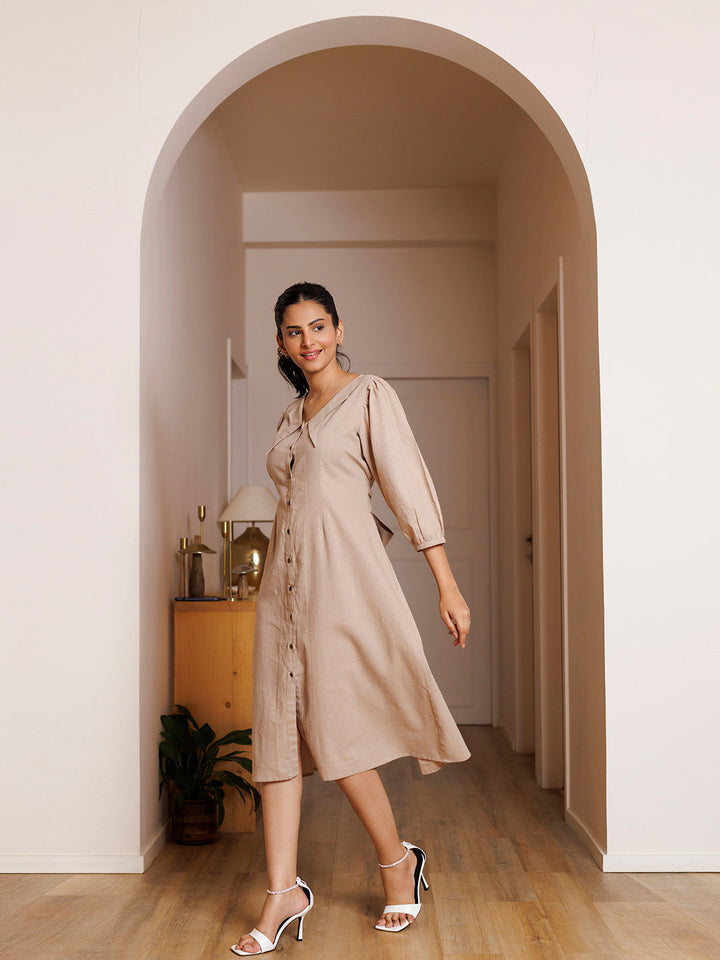 Taupe Linen Midi Dress  - By Ragavi - qivii