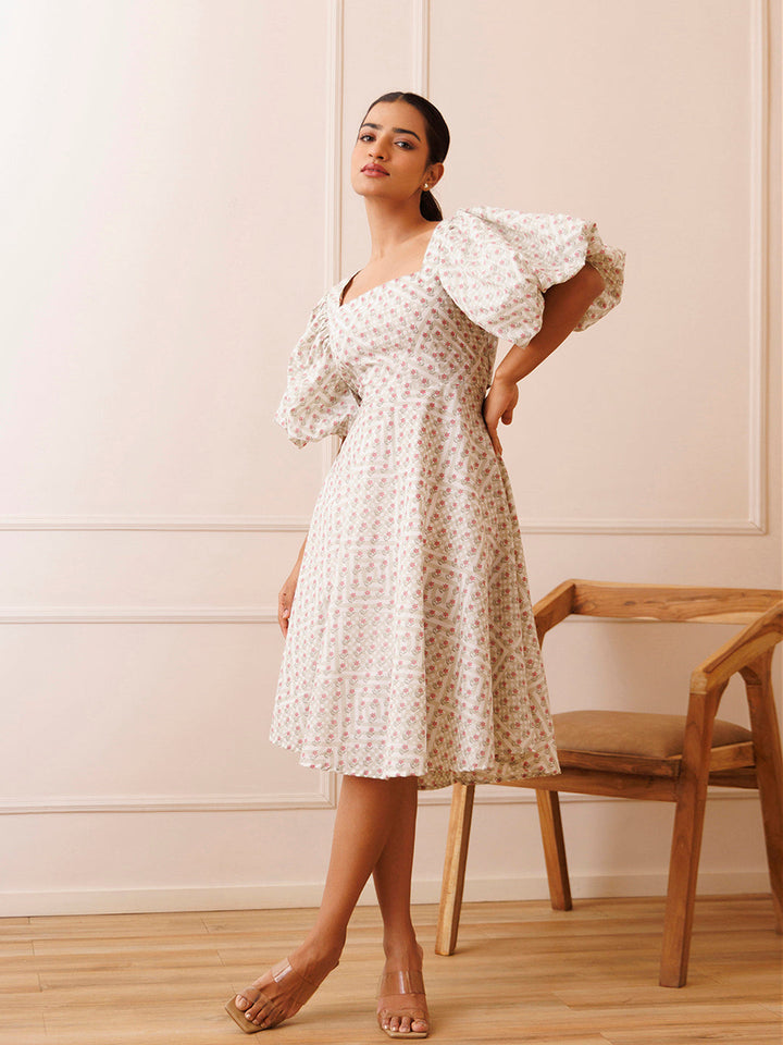 Dahlia White Cotton Printed Dress  - By Ragavi - qivii