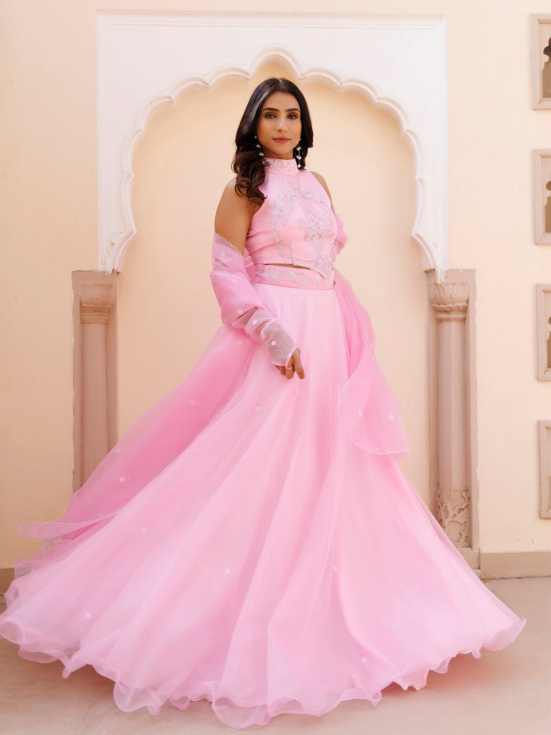 Soft Pink Organza Embroidered Lehenga Set  - By Ragavi - qivii