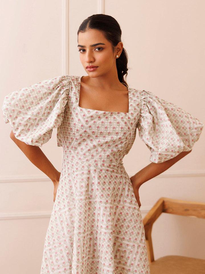 Dahlia White Cotton Printed Dress  - By Ragavi - qivii