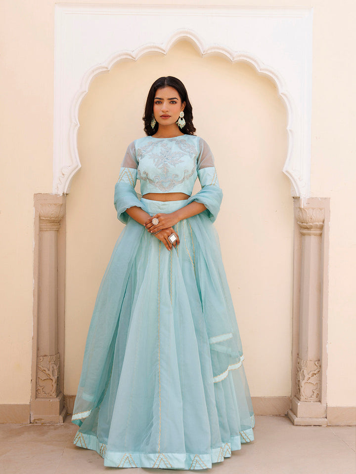 Aqua Blue Bay Organza Lehenga Set  - By Ragavi - qivii