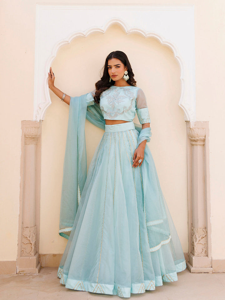 Aqua Blue Bay Organza Lehenga Set  - By Ragavi - qivii