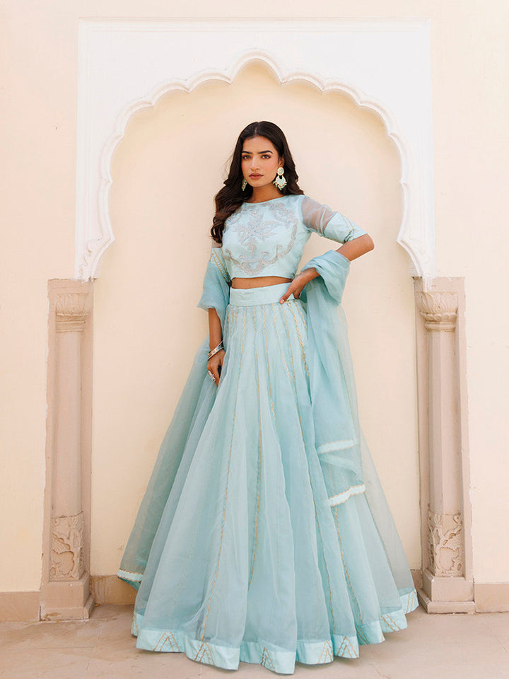 Aqua Blue Bay Organza Lehenga Set  - By Ragavi - qivii