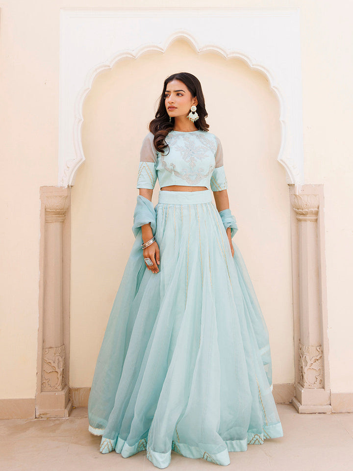 Aqua Blue Bay Organza Lehenga Set  - By Ragavi - qivii