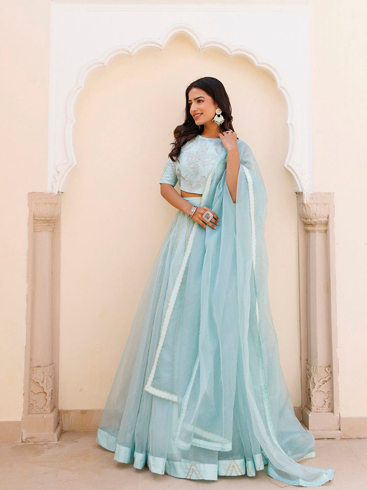 Aqua Blue Bay Organza Lehenga Set  - By Ragavi - qivii