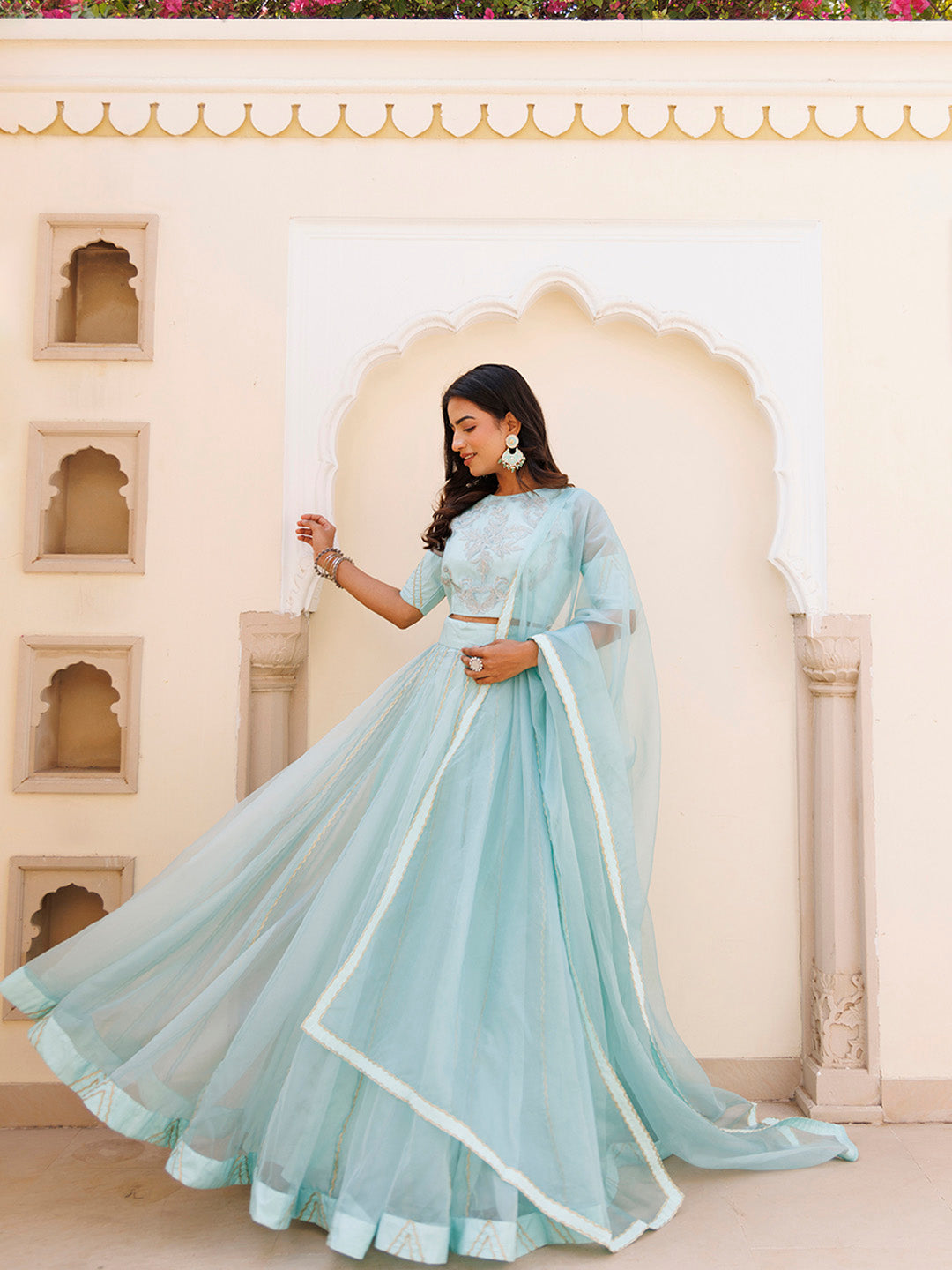 Aqua Blue Bay Organza Lehenga Set  - By Ragavi - qivii