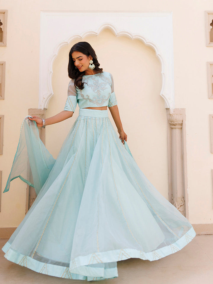 Aqua Blue Bay Organza Lehenga Set  - By Ragavi - qivii
