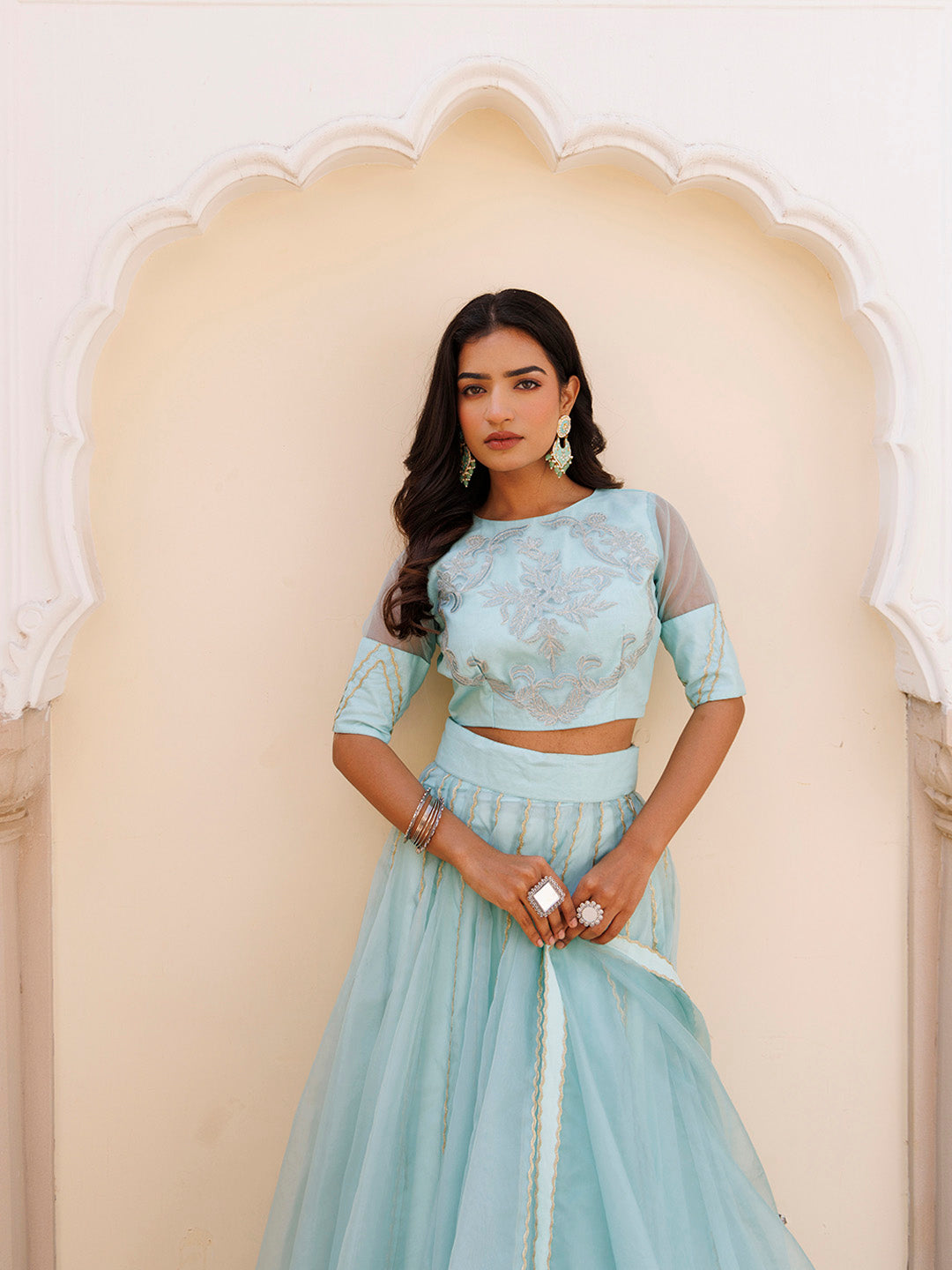 Aqua Blue Bay Organza Lehenga Set  - By Ragavi - qivii