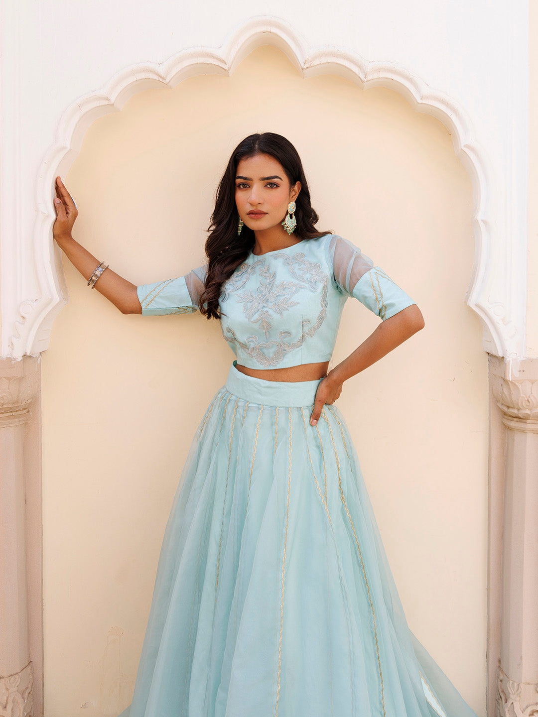 Aqua Blue Bay Organza Lehenga Set  - By Ragavi - qivii