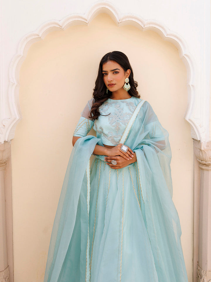 Aqua Blue Bay Organza Lehenga Set  - By Ragavi - qivii