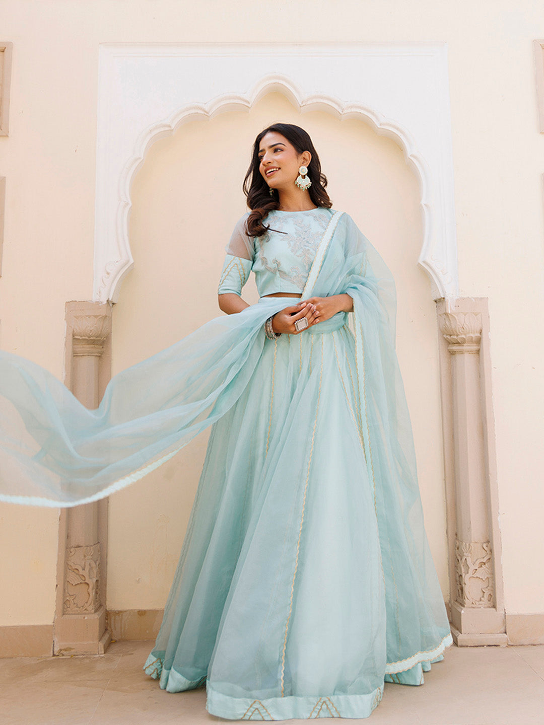 Aqua Blue Bay Organza Lehenga Set  - By Ragavi - qivii