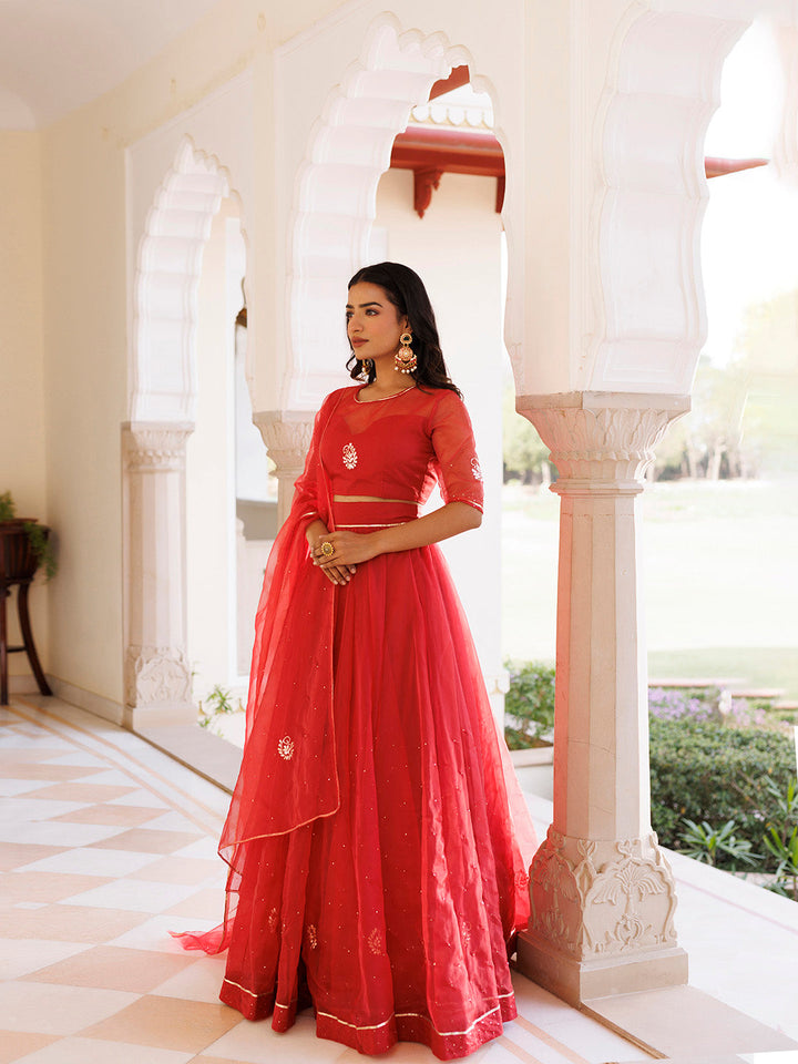 Savvy Red Mukaish Work Lehenga Set  - By Ragavi - qivii