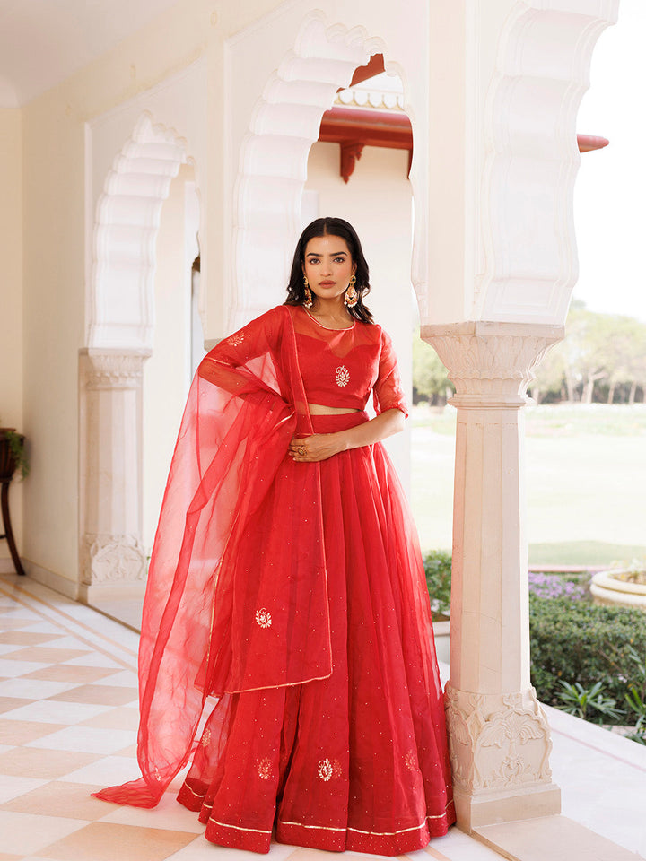 Savvy Red Mukaish Work Lehenga Set  - By Ragavi - qivii