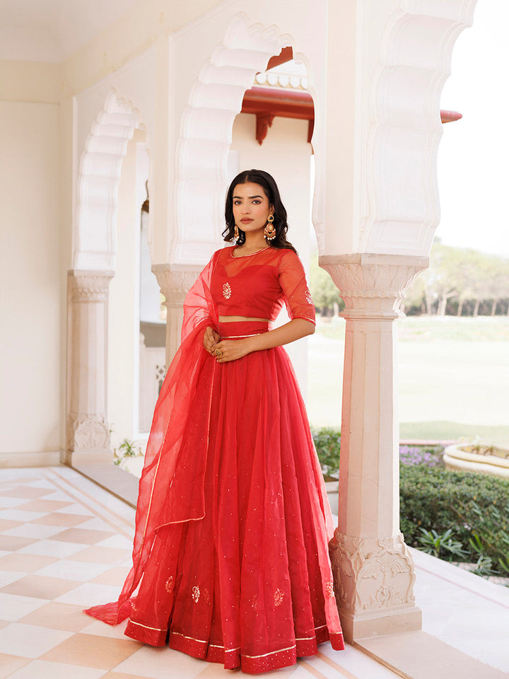 Savvy Red Mukaish Work Lehenga Set  - By Ragavi - qivii