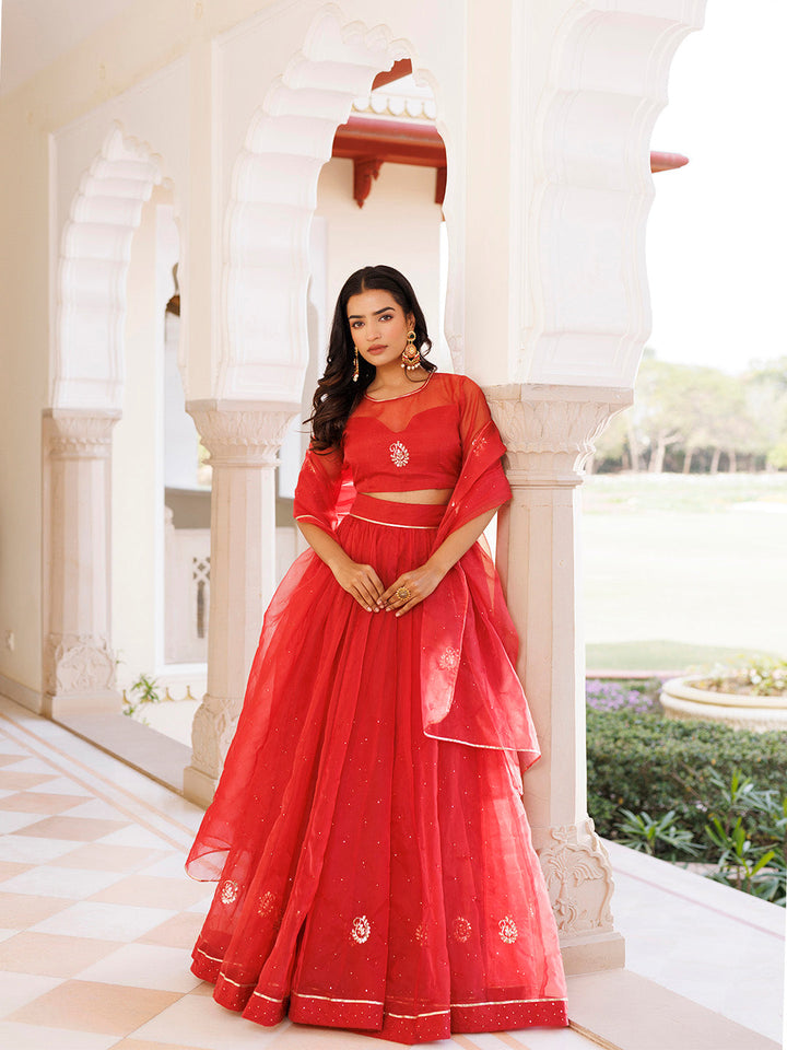 Savvy Red Mukaish Work Lehenga Set  - By Ragavi - qivii