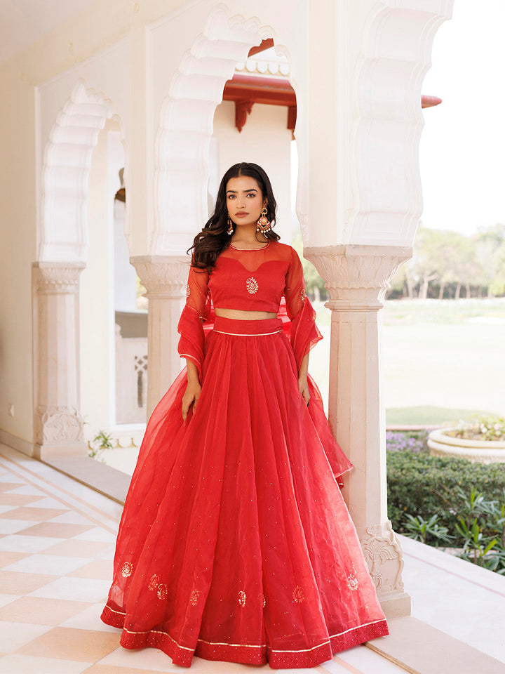 Savvy Red Mukaish Work Lehenga Set  - By Ragavi - qivii