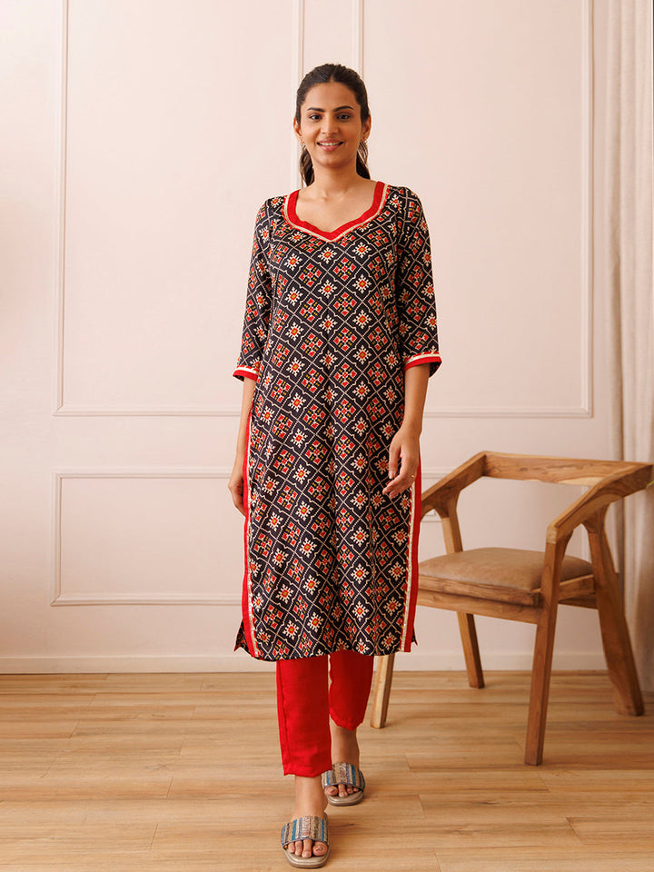 Black Red Patola Printed Kurta Set