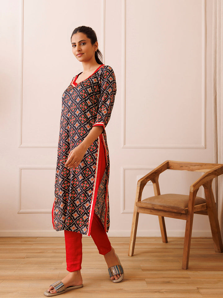 Black Red Patola Printed Kurta Set