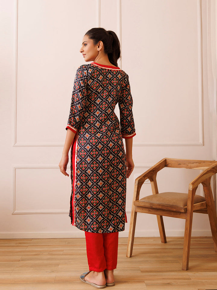 Black Red Patola Printed Kurta Set