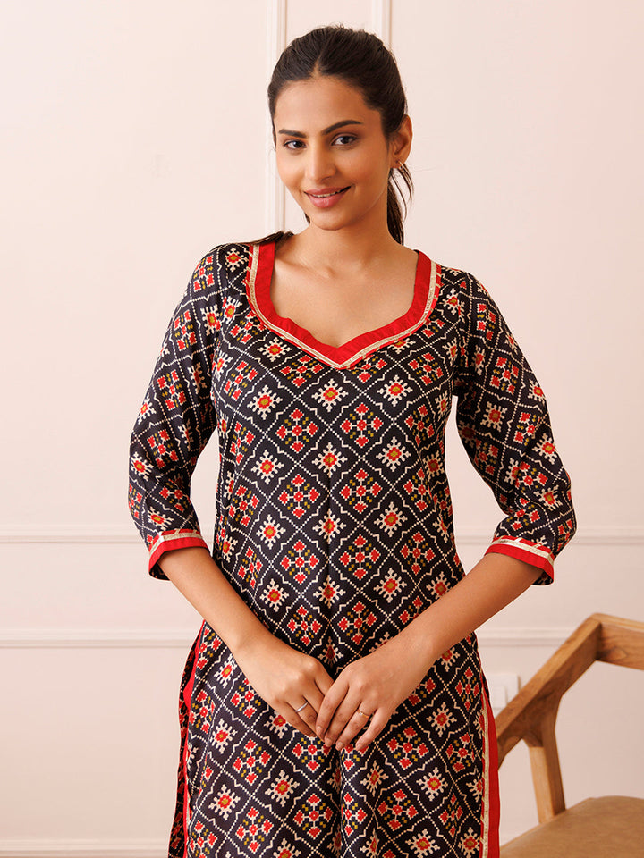 Black Red Patola Printed Kurta Set