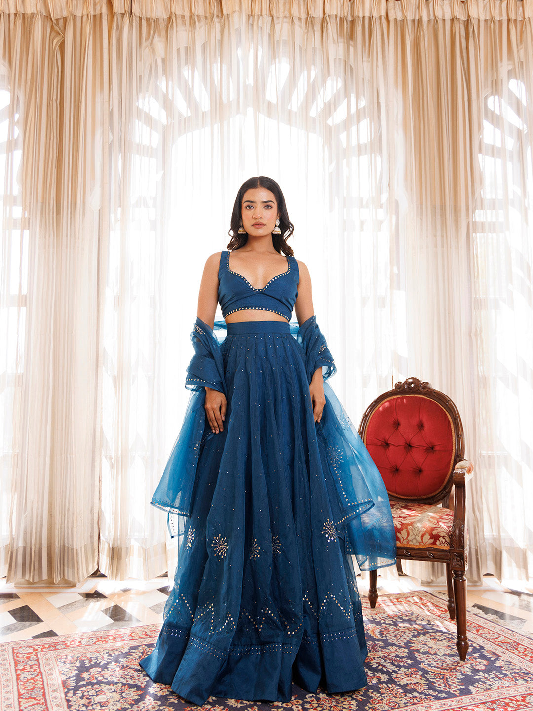 Mosaic Blue Organza Mukaish Work Lehenga Set  - By Ragavi - qivii