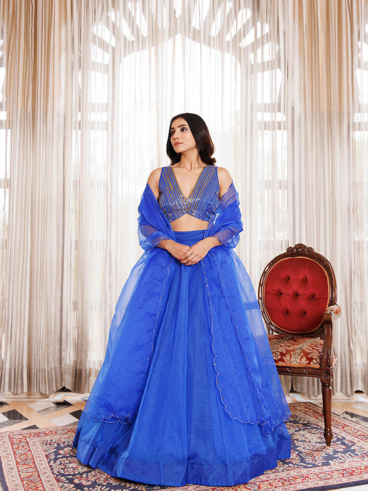 Dazzle Blue Organza Lehenga Set  - By Ragavi - qivii