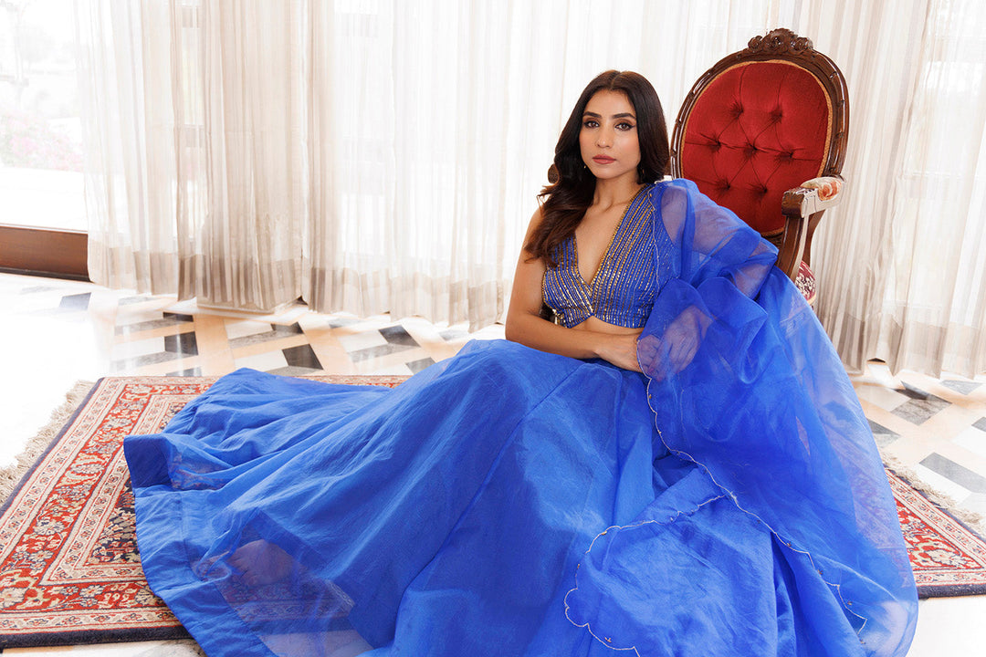Dazzle Blue Organza Lehenga Set  - By Ragavi - qivii