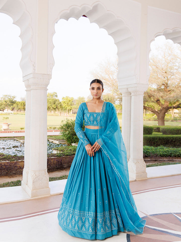 Heaven Mist Blue Cotton Lehenga Set  - By Ragavi - qivii