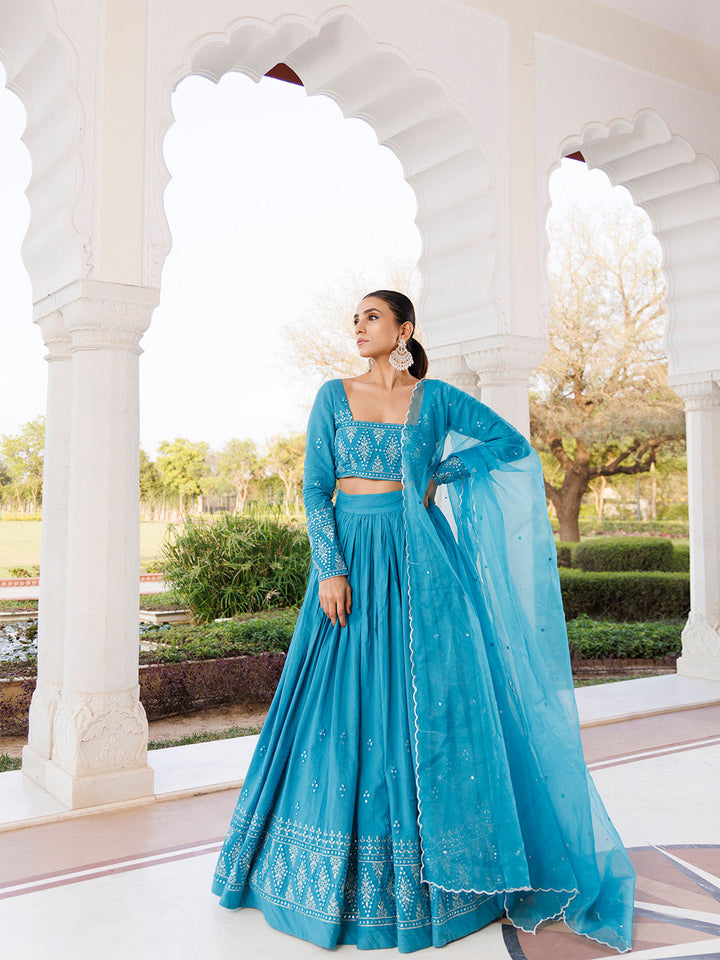 Heaven Mist Blue Cotton Lehenga Set  - By Ragavi - qivii