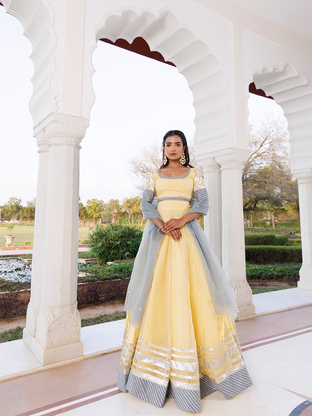 Morning Sun Yellow and Grey Organza Lehenga Set  - By Ragavi - qivii