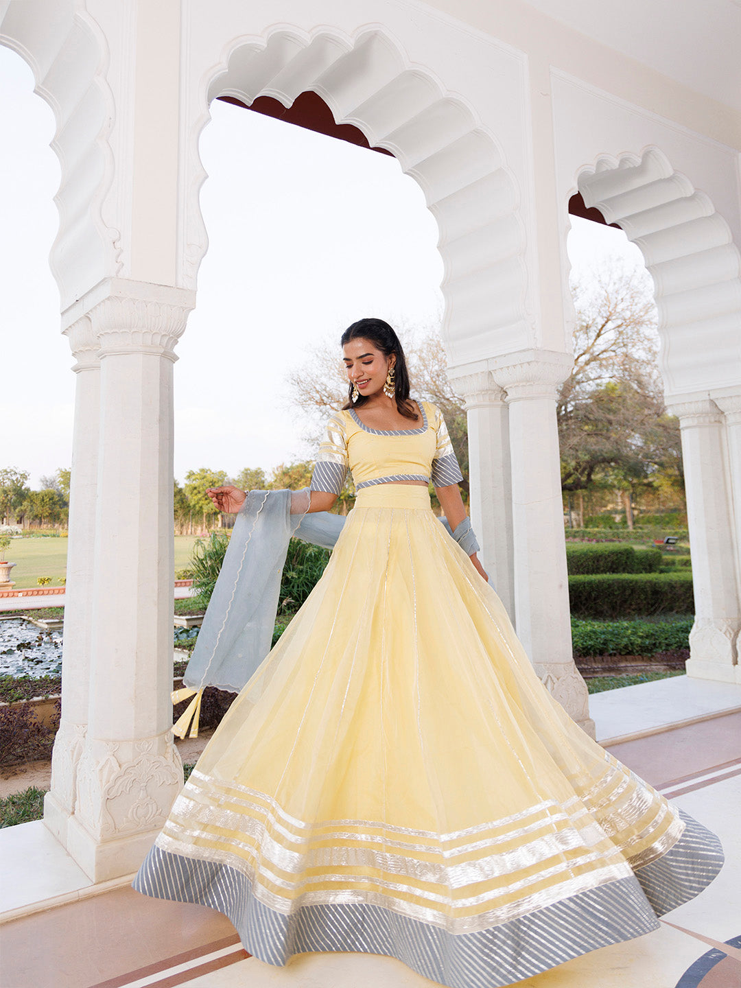 Morning Sun Yellow and Grey Organza Lehenga Set  - By Ragavi - qivii