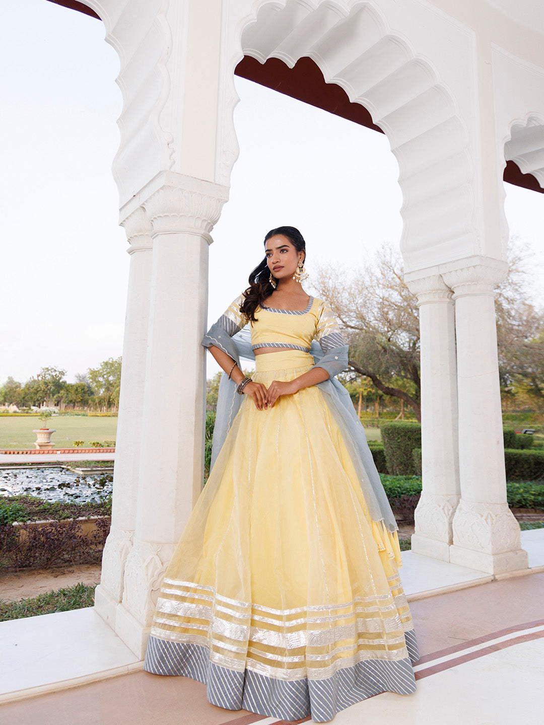 Morning Sun Yellow and Grey Organza Lehenga Set  - By Ragavi - qivii
