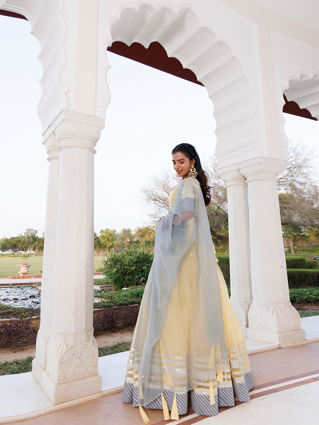 Morning Sun Yellow and Grey Organza Lehenga Set  - By Ragavi - qivii
