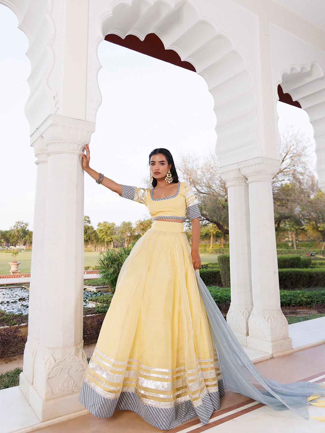 Morning Sun Yellow and Grey Organza Lehenga Set  - By Ragavi - qivii