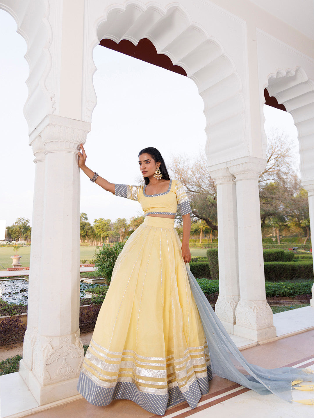 Morning Sun Yellow and Grey Organza Lehenga Set  - By Ragavi - qivii