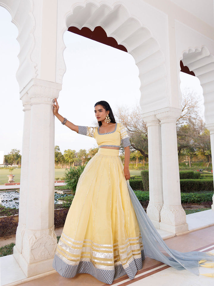 Morning Sun Yellow and Grey Organza Lehenga Set  - By Ragavi - qivii