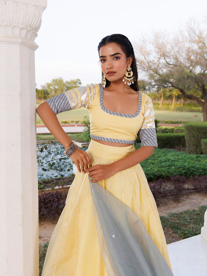 Morning Sun Yellow and Grey Organza Lehenga Set  - By Ragavi - qivii