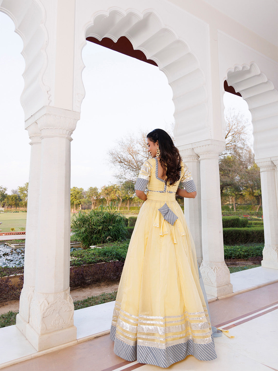 Morning Sun Yellow and Grey Organza Lehenga Set  - By Ragavi - qivii