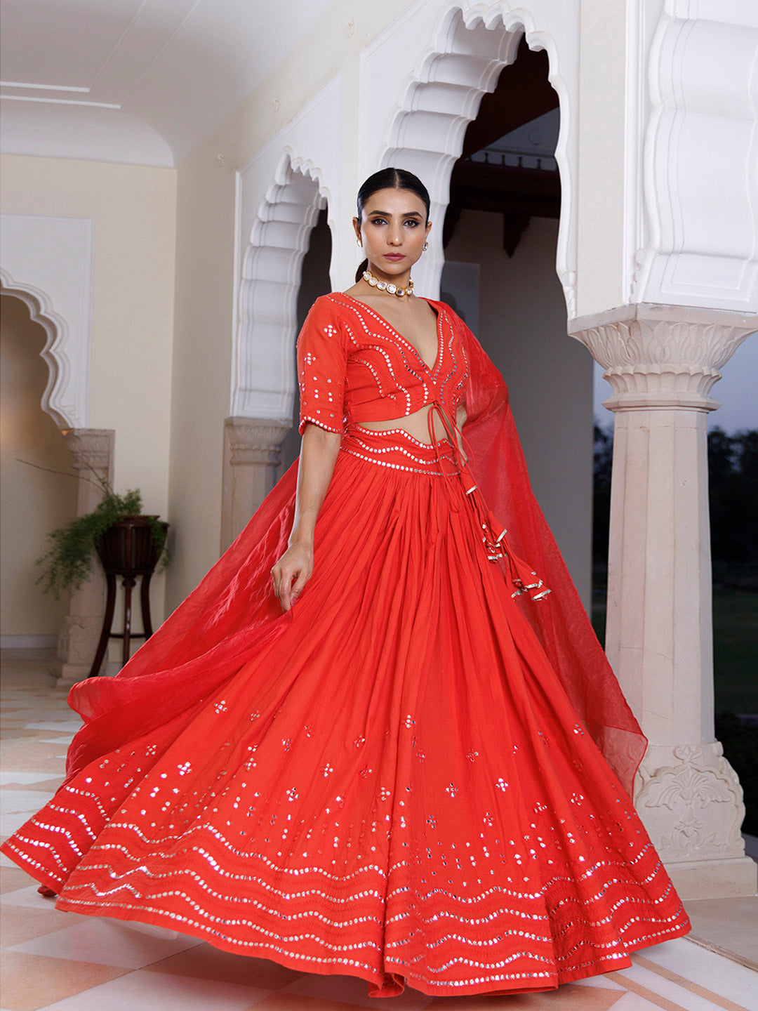 Red Cherry Mirror Work Embroidered Cotton Lehenga Set  - By Ragavi - qivii