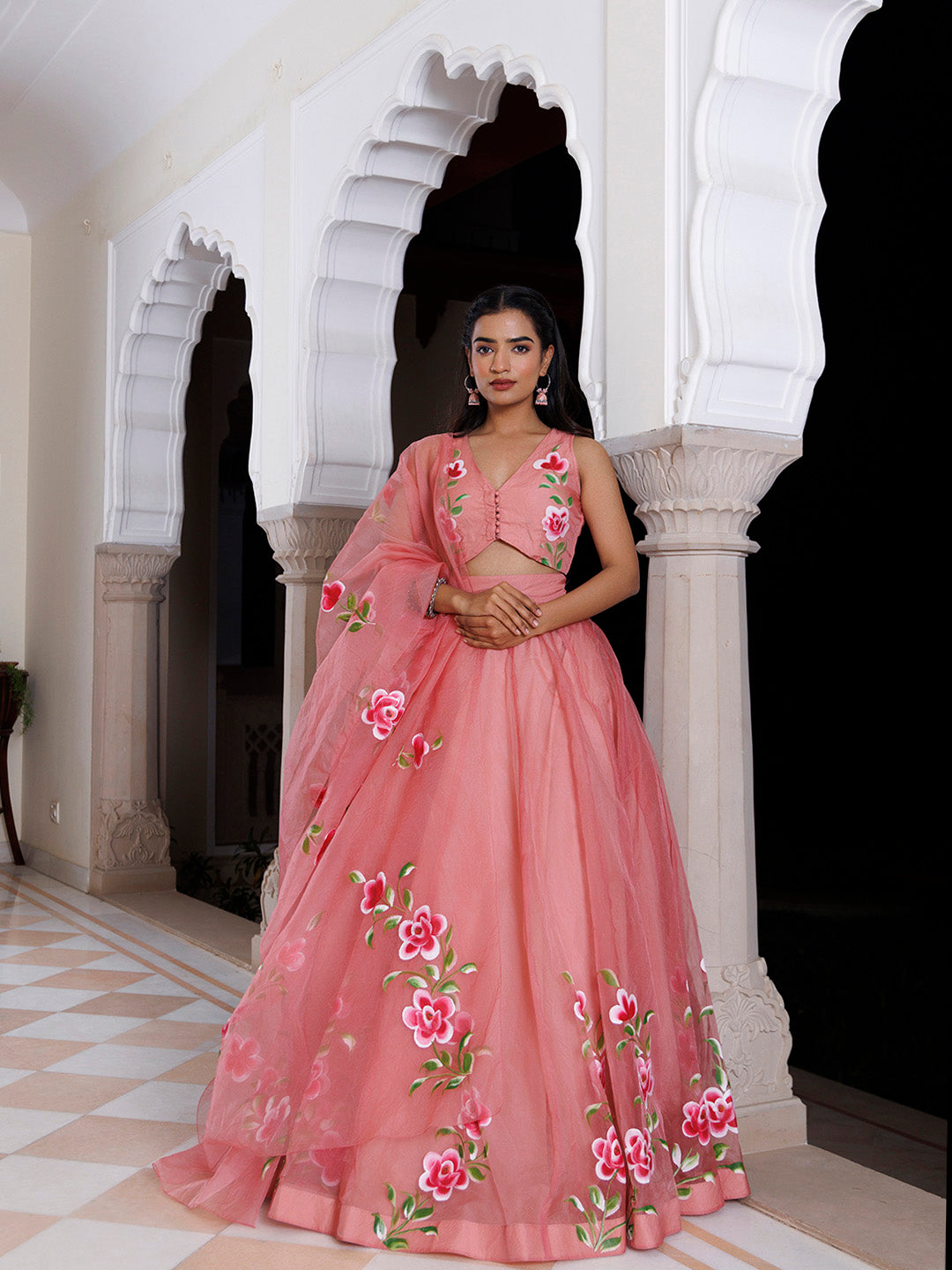 Eleganca in Bloom Pink Handpainted Organza Lehenga Set  - By Ragavi - qivii