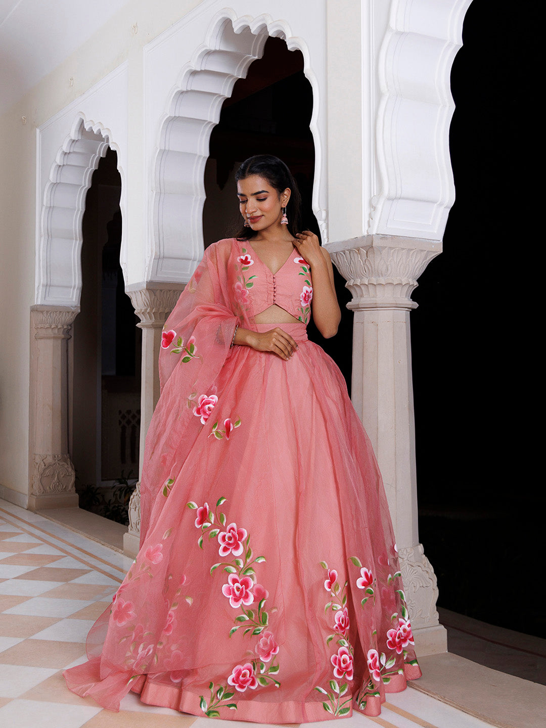 Eleganca in Bloom Pink Handpainted Organza Lehenga Set  - By Ragavi - qivii