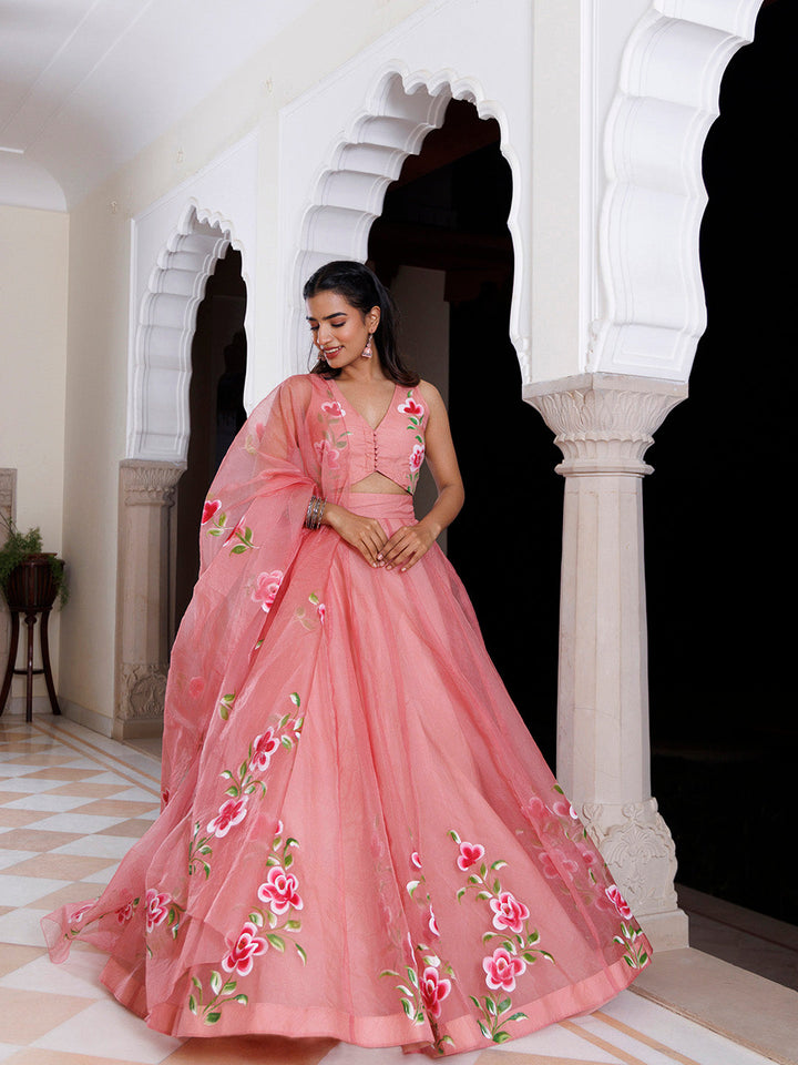 Eleganca in Bloom Pink Handpainted Organza Lehenga Set  - By Ragavi - qivii