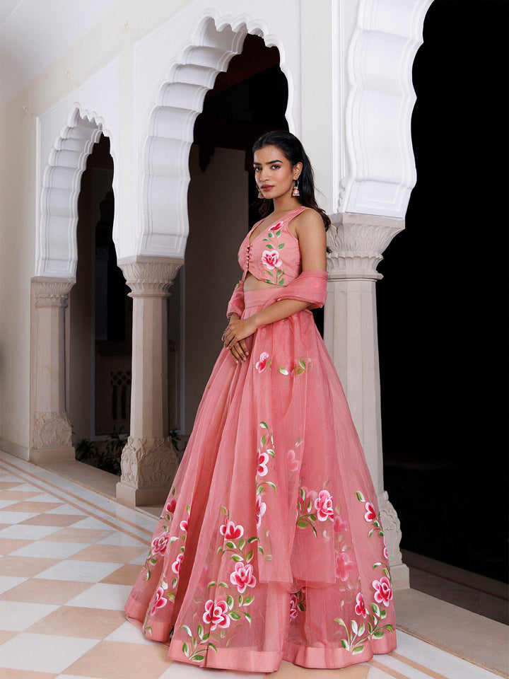 Eleganca in Bloom Pink Handpainted Organza Lehenga Set  - By Ragavi - qivii
