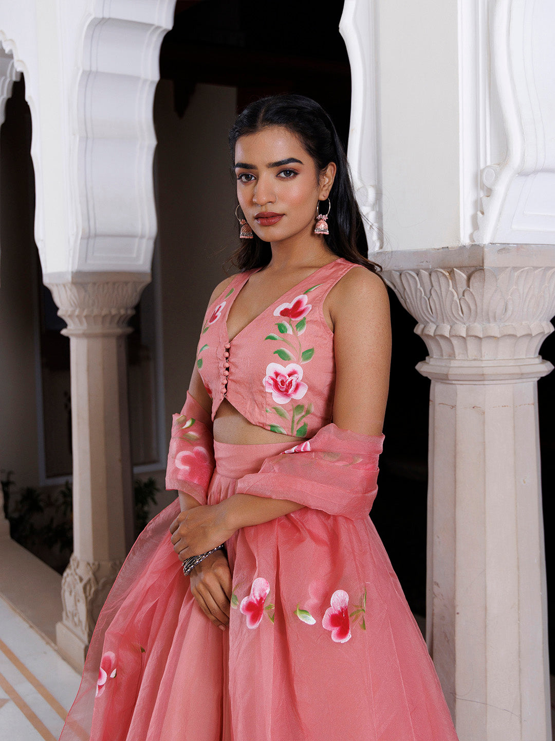 Eleganca in Bloom Pink Handpainted Organza Lehenga Set  - By Ragavi - qivii